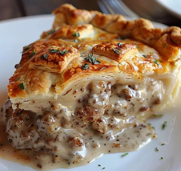 A delicious slice of Sausage, Gravy, and Biscuit Pie, featuring a golden biscuit crust filled with creamy sausage gravy and topped with shredded cheese, garnished with fresh parsley.