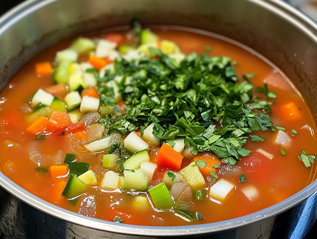 A vibrant bowl of healthy vegetable soup filled with colorful vegetables like carrots, celery, zucchini, and spinach, garnished with fresh parsley.