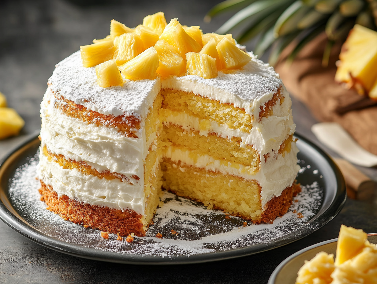 A slice of moist pineapple juice cake topped with powdered sugar, surrounded by fresh pineapple slices.