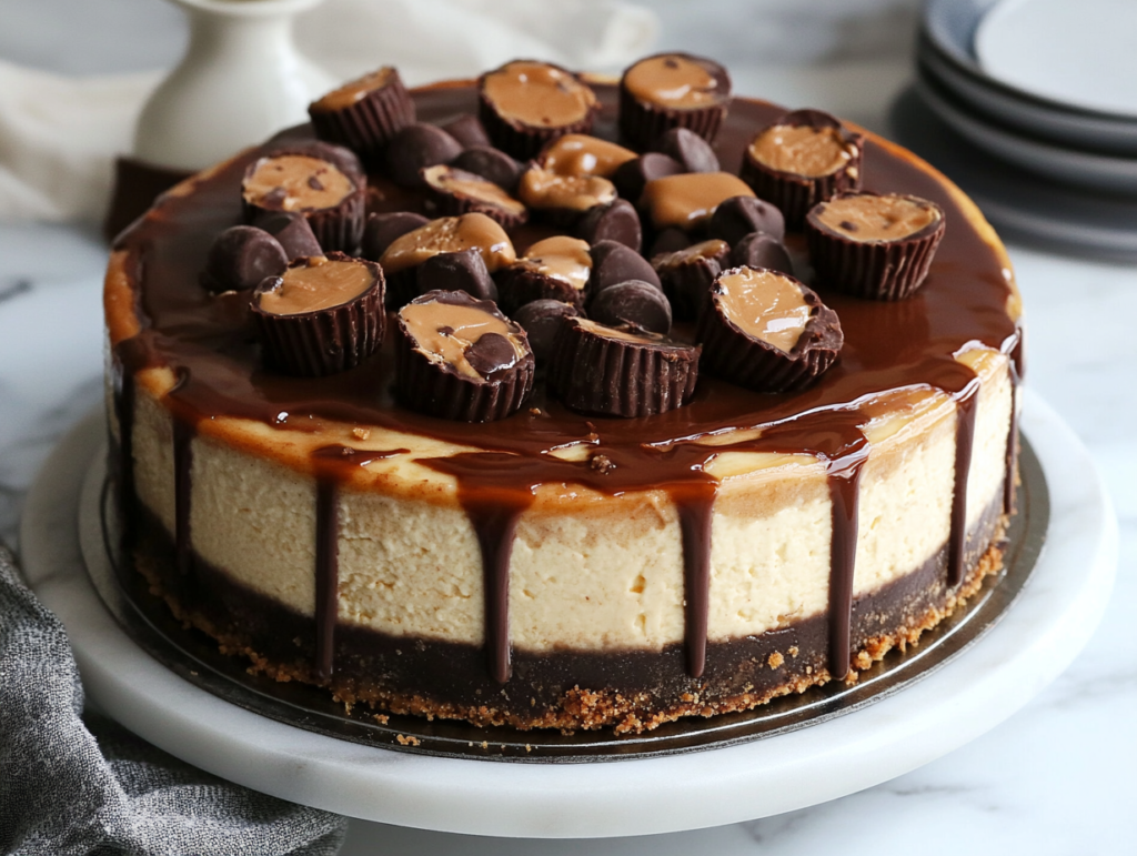 A rich, creamy Reese's Peanut Butter Cup Cheesecake topped with chocolate ganache and garnished with halved Reese’s Peanut Butter Cups.