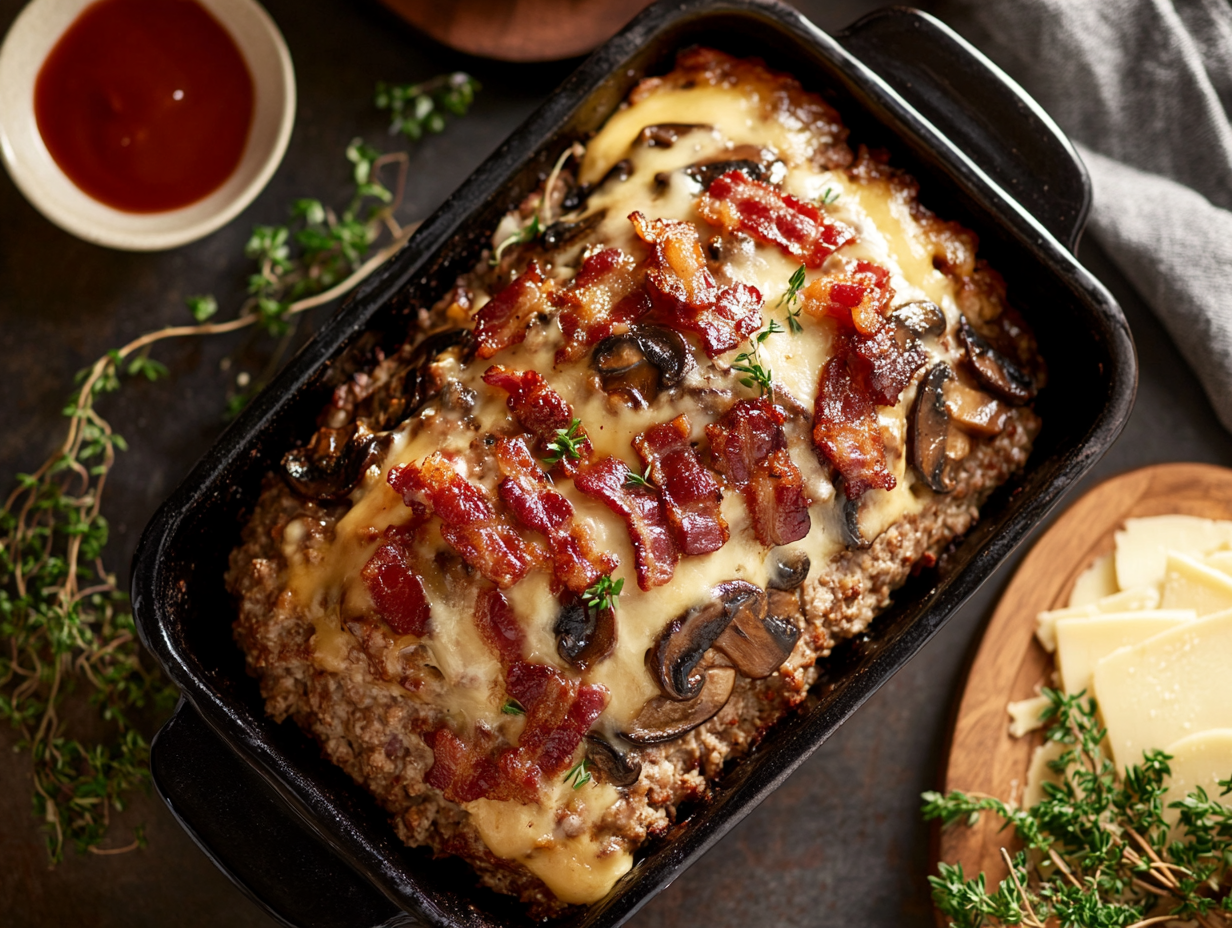 A slice of Bacon Mushroom Swiss Cheese Meatloaf, garnished with parsley, showcasing its savory ingredients of bacon, mushrooms, and melted Swiss cheese.