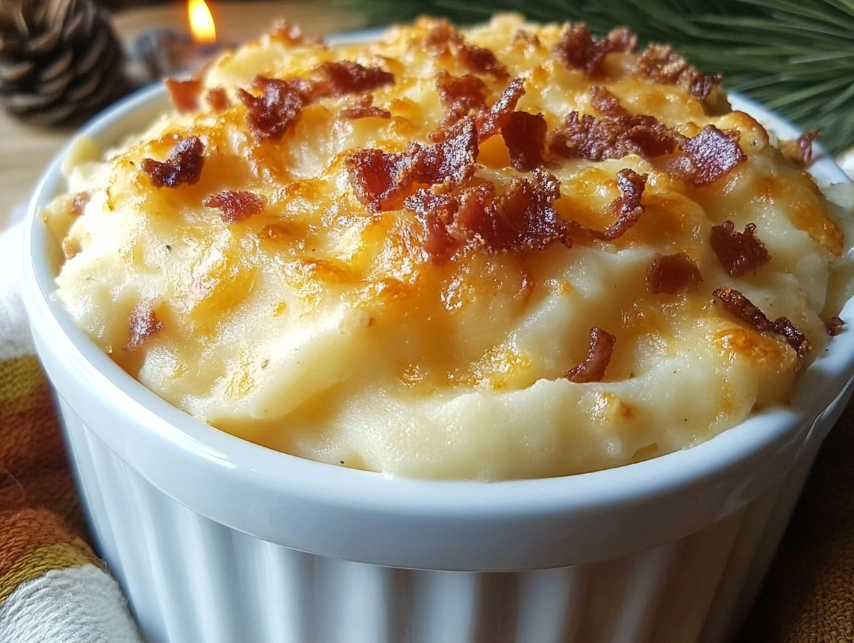 Bowl of creamy mashed potatoes made in a crockpot, garnished with fresh chives.